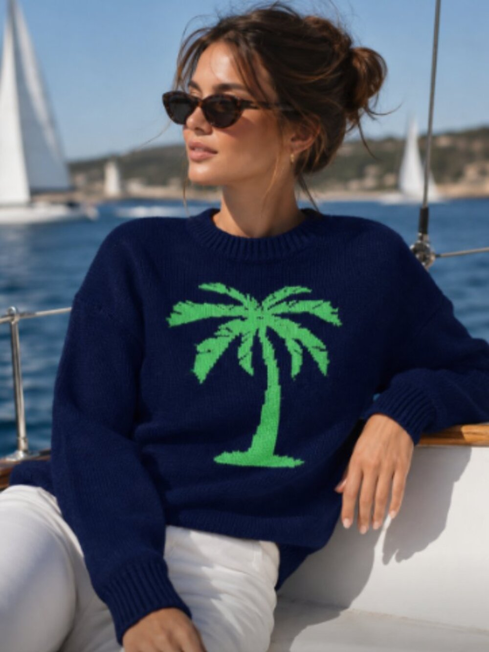 Sail To Sable Women’s Palm Tree Crewneck Sweater Size Large